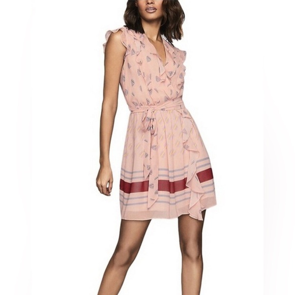 Reiss Stephanie Printed Mini Dress Size 8 Pink Multi Ruffle Chiffon Fit & Flare - Picture 1 of 9